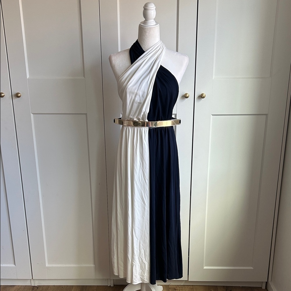 Halston Elegant Navy and White Women's Dress with Gold Belt | 6 - Picture 5 of 9